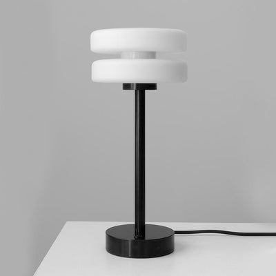 Puck tall table light - Opal glass with black stem & base