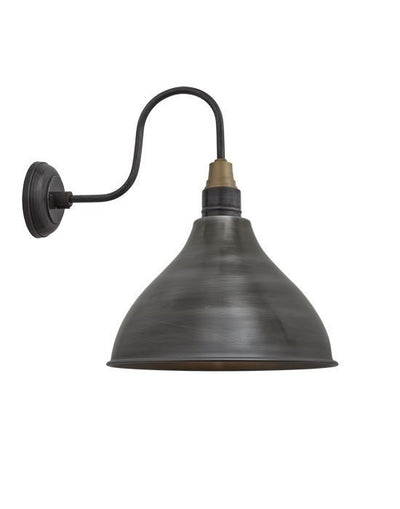 Outlet Brooklyn Vintage Antique Swan Neck Wall Sconce - 12in Cone - Pewter Shade - Brass Accent