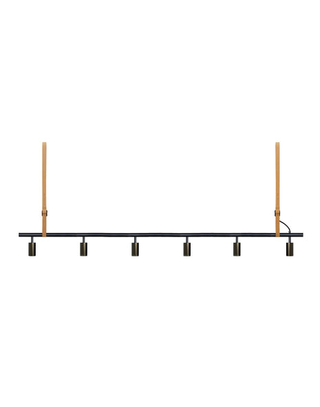 Outlet Rubn Long John Pendant Light - 6 Spots, Black Bar / Bronze Spots, Natural Leather Straps