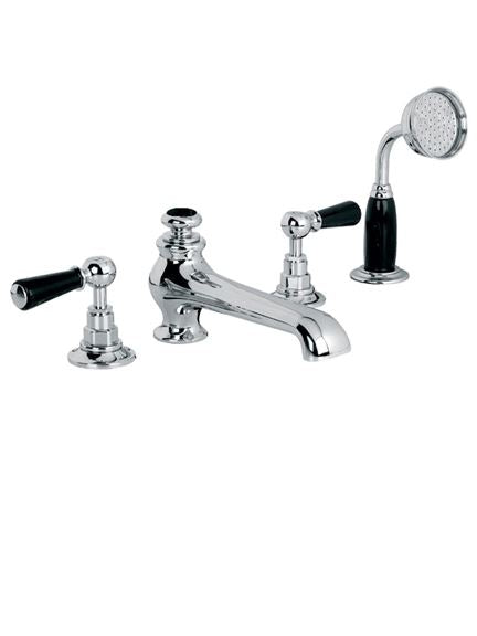 Lefroy Brooks BL1250 Classic Four Hole Bath Filler Set with Diverter, Pull-Out Handset and Black Ceramic Lever Handles